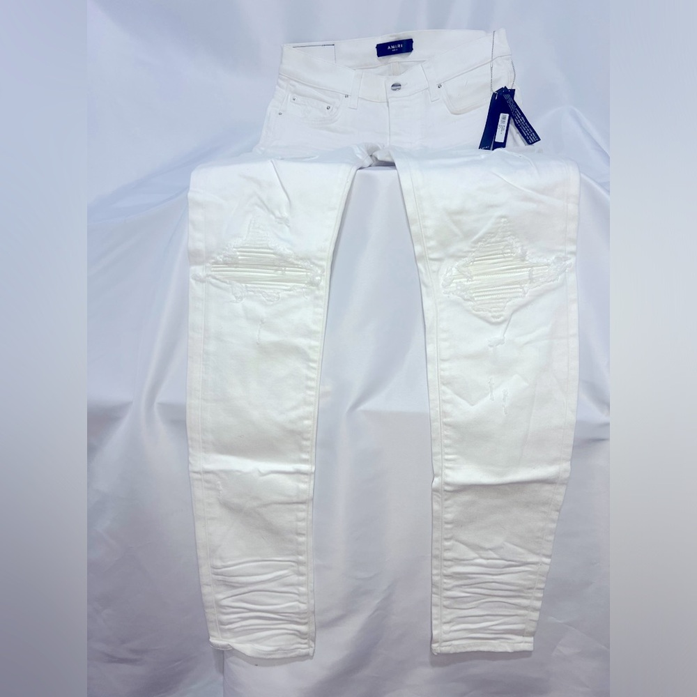 Brand New Amiri MX1 Jeans 31 IT 47 S Mens White Skinny Stretch Distressed Denim